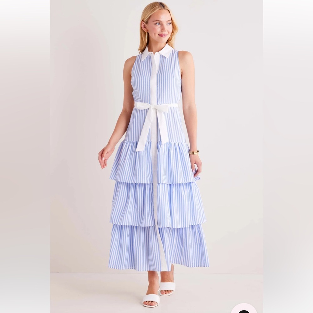 Sleeveless Blue & White Striped Tie-Waist Tiered Maxi Dress
